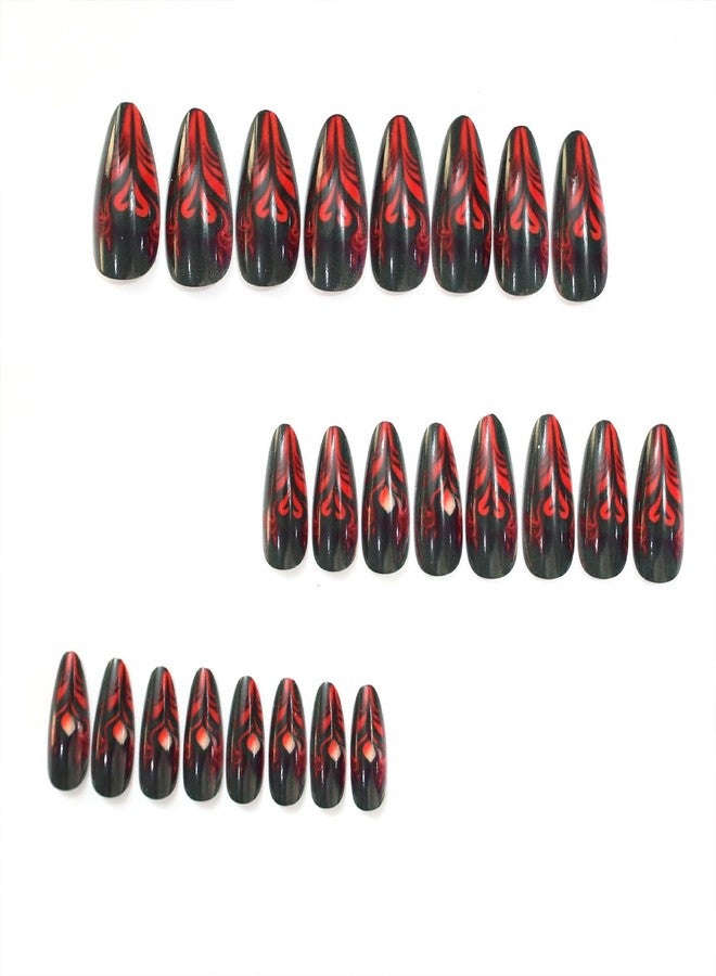 HJKDSFD 24Pcs Red Black Gradient Press on Nails Medium Almond Fake Nails Goth Valentines Glue on Nail Full Cover False Nails with Heart Stripes Designs Reusable Artificial Nails for Women Girls - Image 2